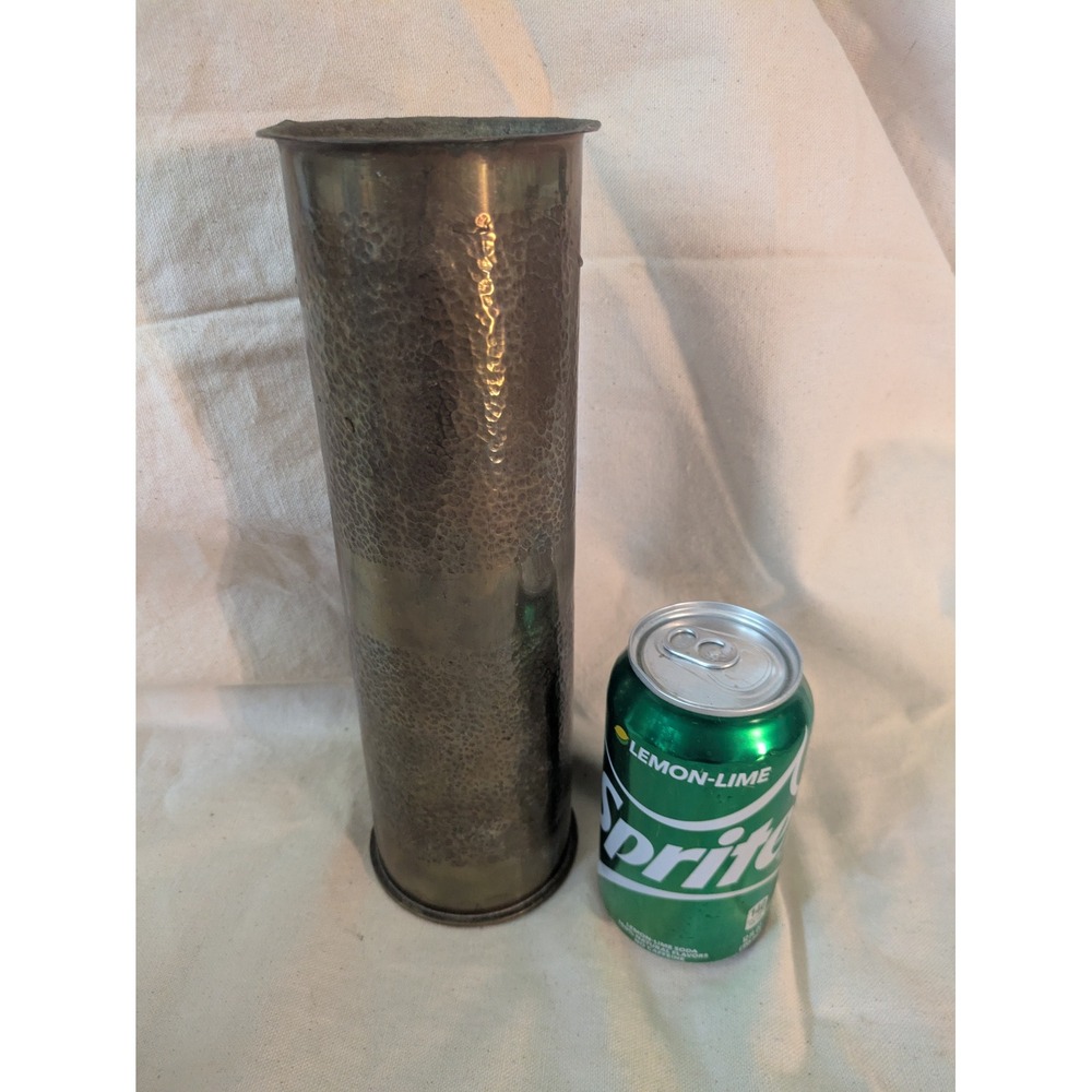 Antique 1909 WWI Trench Art Shell Casing Vase Hammered Brass 3 Inch Field Gun